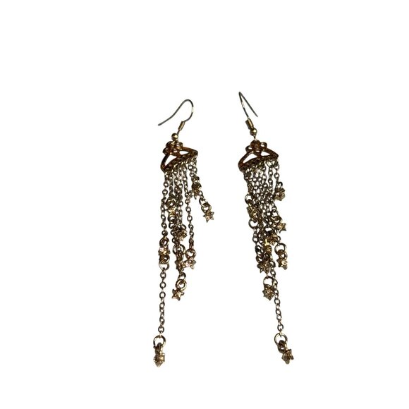 Silvertone Chain Dangle Earrings Clear Rhinestone Stars Hooks 3.5 inches Long - Picture 1 of 2